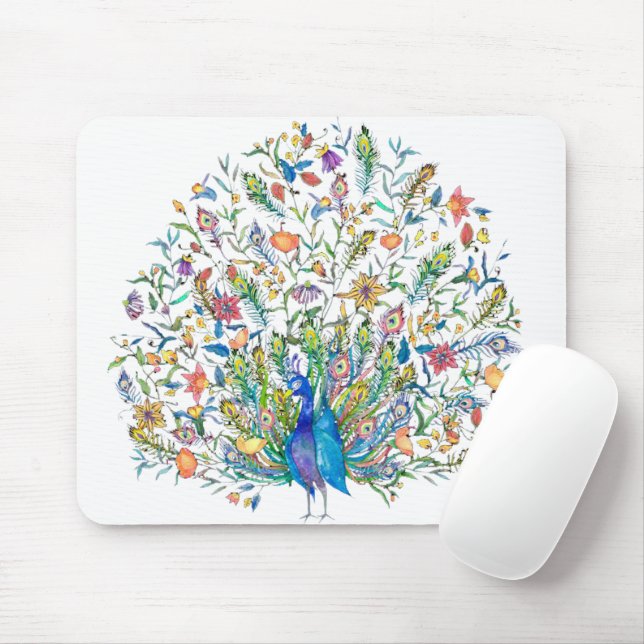 Mousepad Pavão floral aquarela (Com mouse)