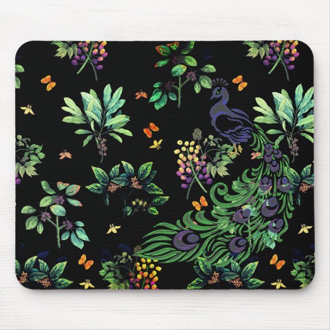 Mousepad Pavão Ornamentado e Floral Vintage (Frente)