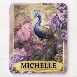 Mousepad Pavão Romântico e Rosas Roxas Fantasia
