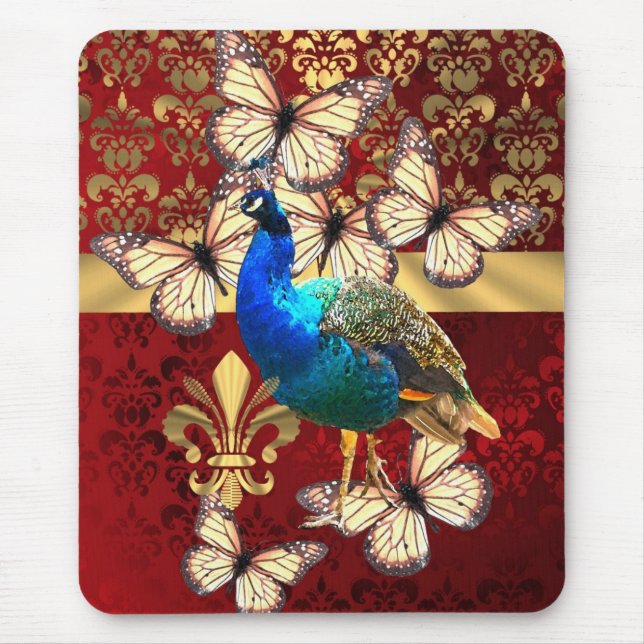 Mousepad Pavão velho legado e damasco vermelho (Frente)