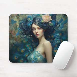 Mousepad Pavock Feather Beauty: Mulher em Teal e Azul