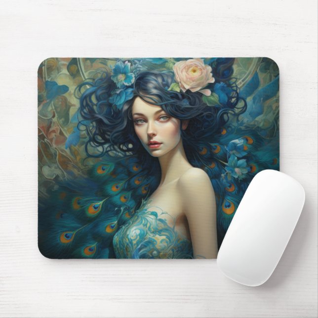 Mousepad Pavock Feather Beauty: Mulher em Teal e Azul (Com mouse)