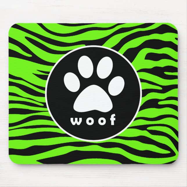 Mousepad Paw Print em Bright Neon Green Zebra Strips (Frente)