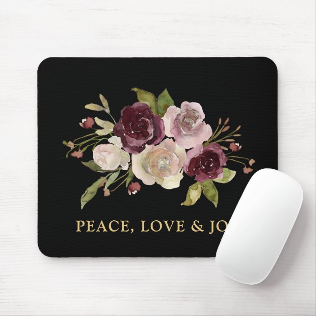 Mousepad Peace Love and Joy Winter Bouquet Black Holiday (Com mouse)