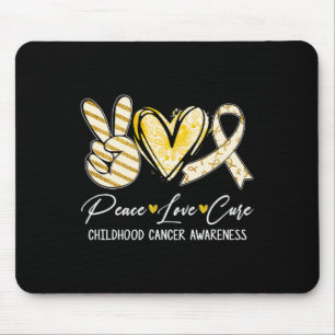 Mousepad Peace Love Cure Dourada Ribbon Chilhood Cancer Awa