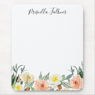 Mousepad Peach Watercolor Flowers Girly Monogrammed