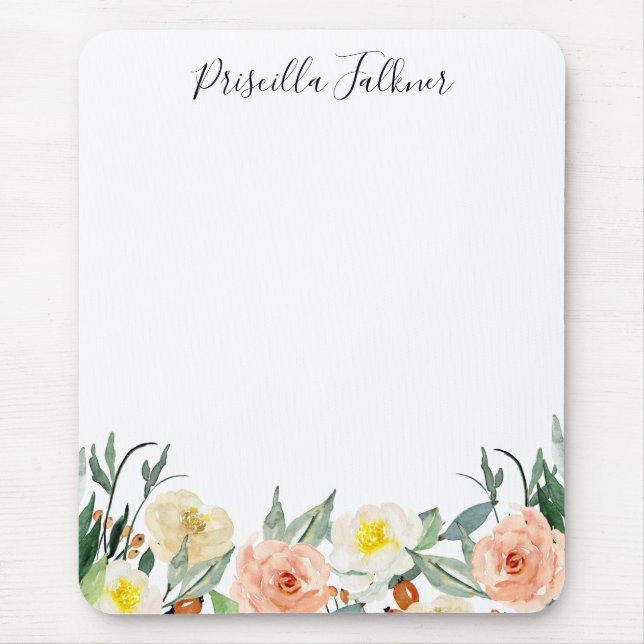 Mousepad Peach Watercolor Flowers Girly Monogrammed (Frente)