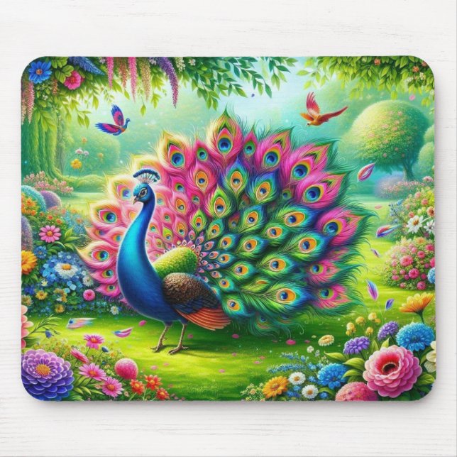 Mousepad Peacock vibrante em pintura de jardim fantasia (Frente)