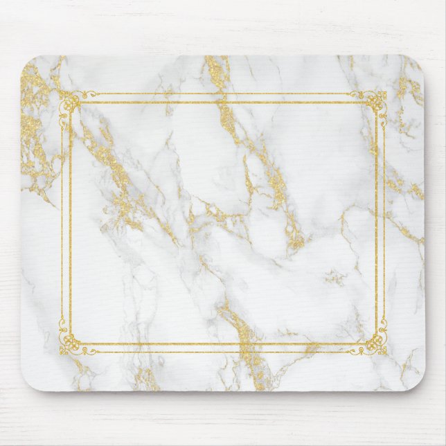 Mousepad Pedra Marble Branca Com Quadro Dourado De Brilho (Frente)