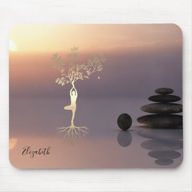Mousepad Pedras Zen de Terapeuta, Silhueta de Árvore Dourad (Frente)