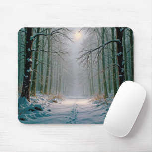 Mousepad Pegadas em uma Floresta Nevada Iluminada pelo Luar