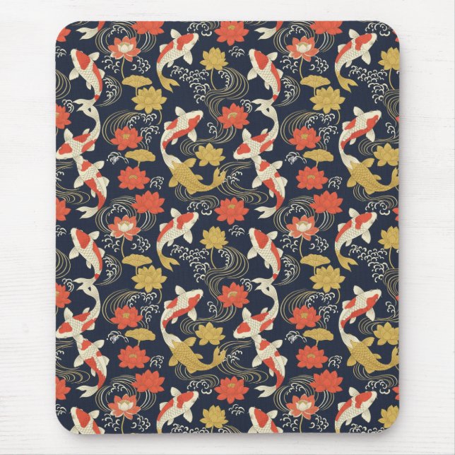 Mousepad Peixe Koi Elegante e Padrão de Lótus (Frente)
