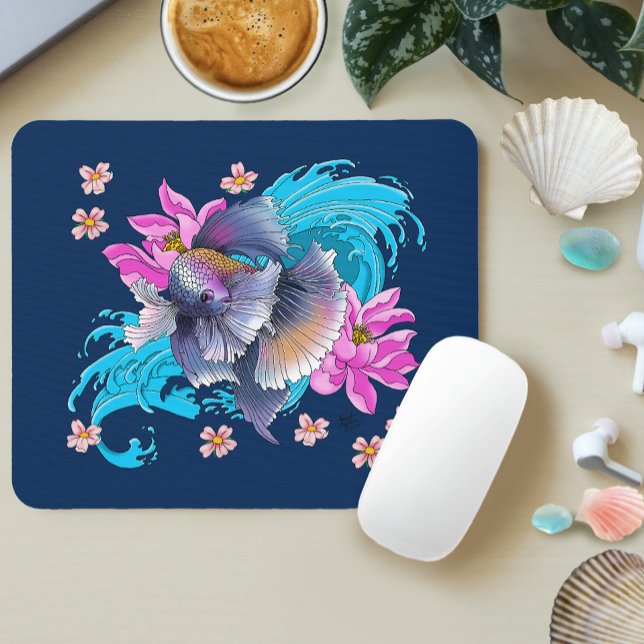 Mousepad Peixe Lutador Betta Siameses Ondas de Lótus Azul (Criador carregado)