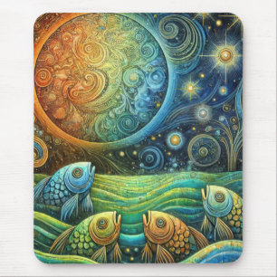 Mousepad Peixes Cósmicos e Ondas do Oceano Vibrantes sob o