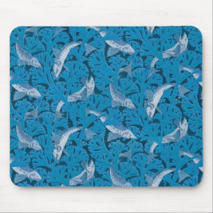 Mousepad Peixes Nadando algas marinhas Coral Blue Vintage C