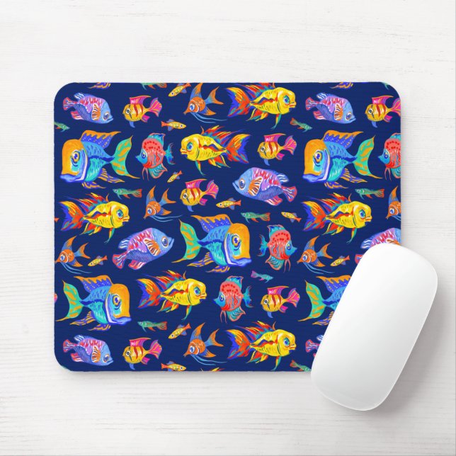 Mousepad Peixes tropicais divertidos em azul escuro (Com mouse)