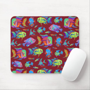 Mousepad Peixes tropicais divertidos em vermelho escuro
