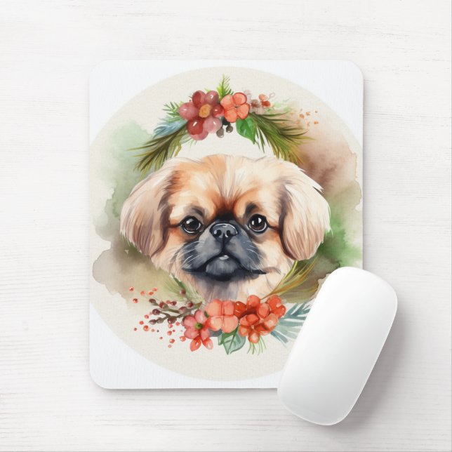 Mousepad Pekingese Christmas Wreath Festivo Pup (Com mouse)