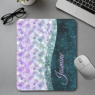 Mousepad Pele de sereia em prata turquesa brilho falso mono