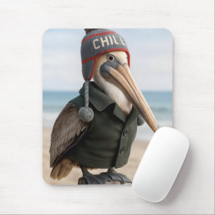 Mousepad Pelicano Vestindo Colete e Chapéu de Inverno