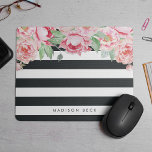 Mousepad Pêmona Rosa Antica e Faixa de Carvão<br><div class="desc">O moderno peonense floral mousepad apresenta listras de carvão preto esticadas com um buquê de cor-de-rosa pincelada e verde-salgada florescendo do topo. Personalize com um nome,  monograma ou mensagem usando o campo fornecido.</div>