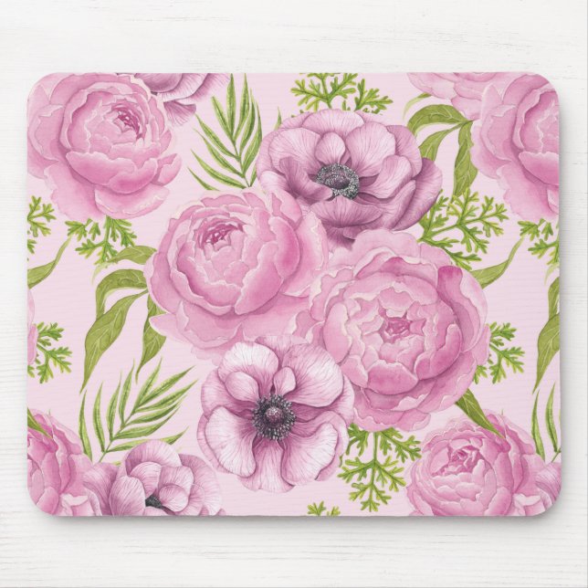Mousepad Pêmonas e flores anêmonas aquarela (Frente)