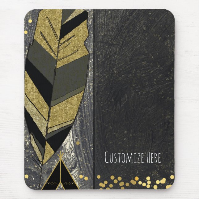Mousepad Pena Desenhada à Mão & Tenda Dourada Preta Boho Gl (Frente)