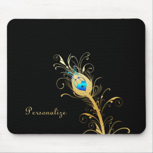 Mousepad Pena preta e Dourado luxuosa do pavão