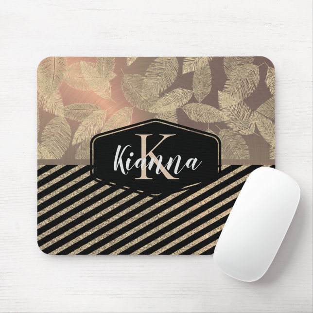 Mousepad Penas Chic com Dourado Stripes Monograma (Com mouse)