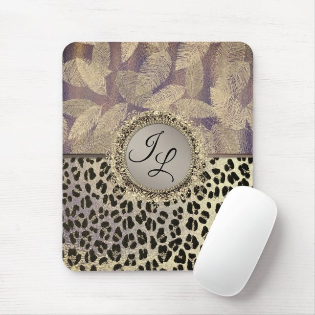 Mousepad Penas Chic com Monograma de Impressão Leopardo (Com mouse)