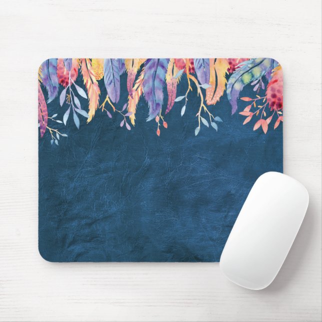 Mousepad Penas De Aquarela Com Couro Azul (Com mouse)