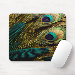 Mousepad Penas de Pavão Dourado Azul Elegante-Abstrato Azul
