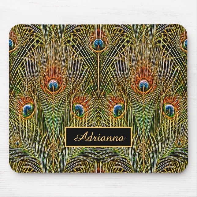 Mousepad Penas de Peacock Douradas Elegante com Nome (Frente)