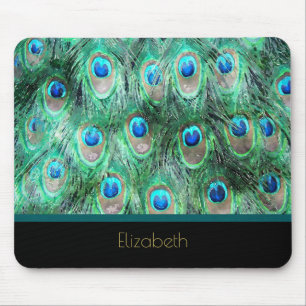 Mousepad Penas de Peacock Padrão Exótico de Aquarela Selvag