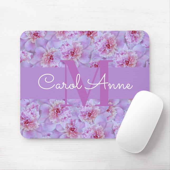 Mousepad Penas Rosa Monograma Púrpura Floral (Com mouse)