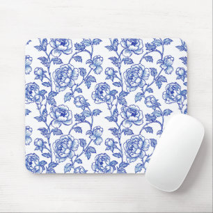 Mousepad Peônia Rosa de Chinoiserie Azul e Branco