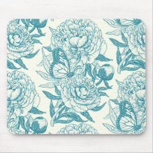 Mousepad Peônias e borboletas bloco impressão, laguna Azul
