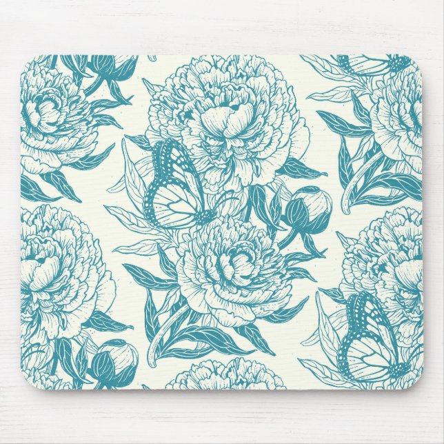 Mousepad Peônias e borboletas bloco impressão, laguna Azul  (Frente)