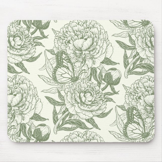 Mousepad Peônias e borboletas bloqueiam impressão, verde-sá (Frente)