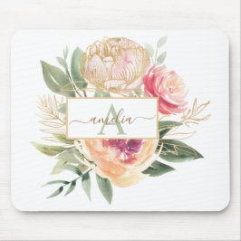 Mousepad Peony e Flores Douradas Nome do Monograma
