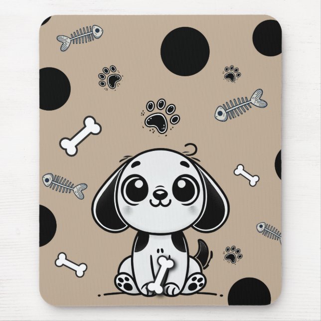 Mousepad Pequeno cão ossos de peixe marrons e pretos escrit (Frente)