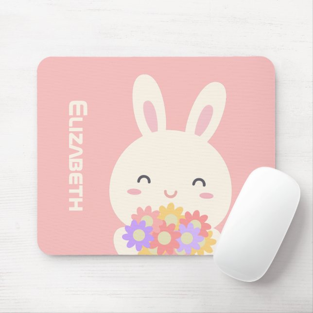 Mousepad Pequeno Coelhinho e Flores Nome Personalizado Rosa (Com mouse)