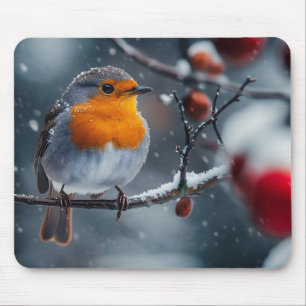Mousepad Pequeno pássaro assado sentado em um galho no inve