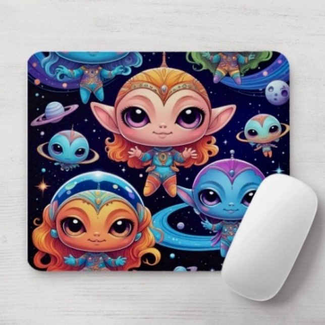 Mousepad Pequenos Alienígenas Multicoloridos no Espaço (Mousepad durable dust and stain resistant non -slip rubber backing. D: 9.25" L x 7.75"W. 
)