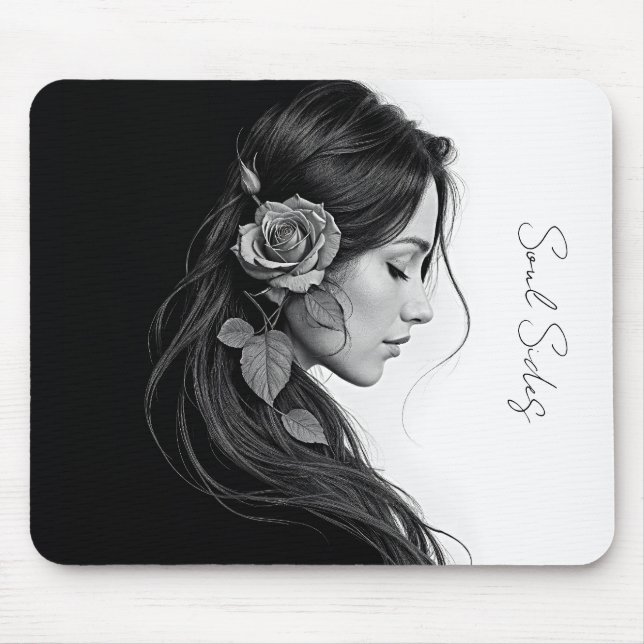 Mousepad Perfil artístico feminino com rosa em monocromo (Frente)