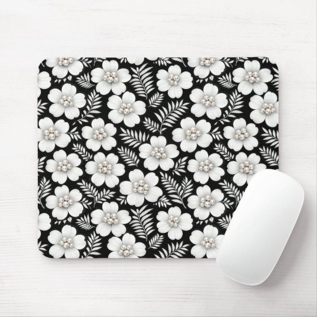 Mousepad Pérolas Brancas em Padrão de Flores (Com mouse)
