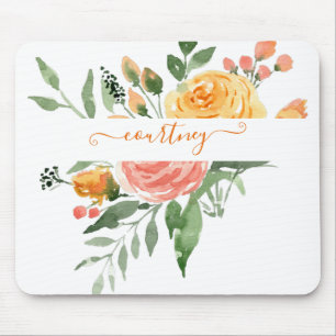 Mousepad Personalizado floral aquarela rosa e laranja  