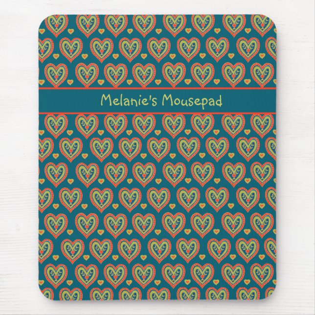 Mousepad Personalizado, Vermelho, Corações Verdes  (Frente)