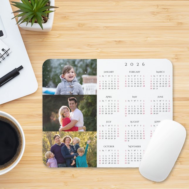 Mousepad Personalized 3 Photo Collage Family 2026 Calendar (Personalized 3 Photo Collage Family 2026 Calendar Mouse Pad)