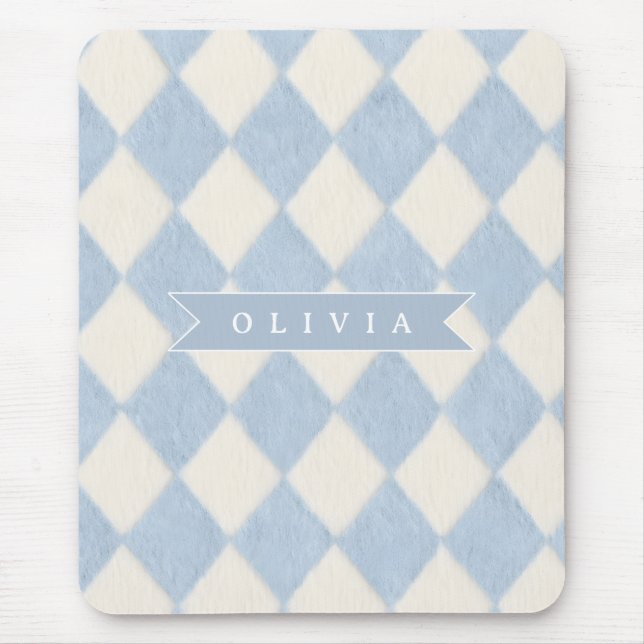 Mousepad Personalized Preppy Soft Blue Fuzzy Argyle Name (Frente)